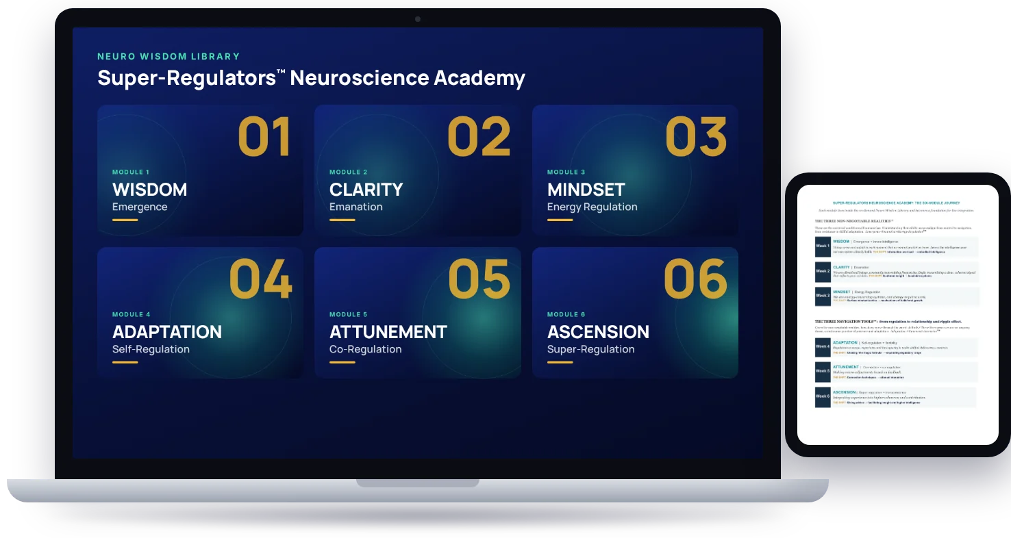 The Academy's online library on a laptop, with the six-module journey on a tablet